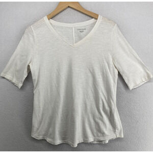 EILEEN FISHER Top XS Slub Organic Cotton Jersey V-Neck Elbow Sleeve White